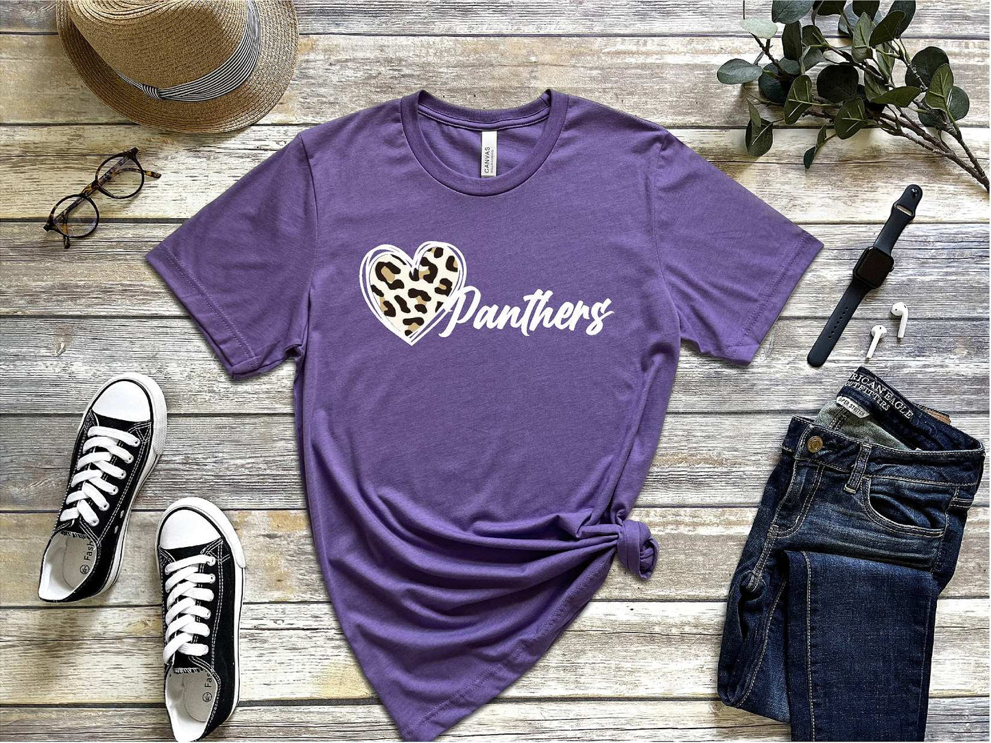 Andover Panther animal print on heather purple Bella Canvas Short Sleeve tshirts BC3501CVC