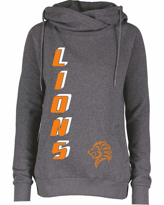 Wellsville Lions vertical design Enza® 32979 Ladies Classic Fleece Funnel Neck Pullover Hood EZ329