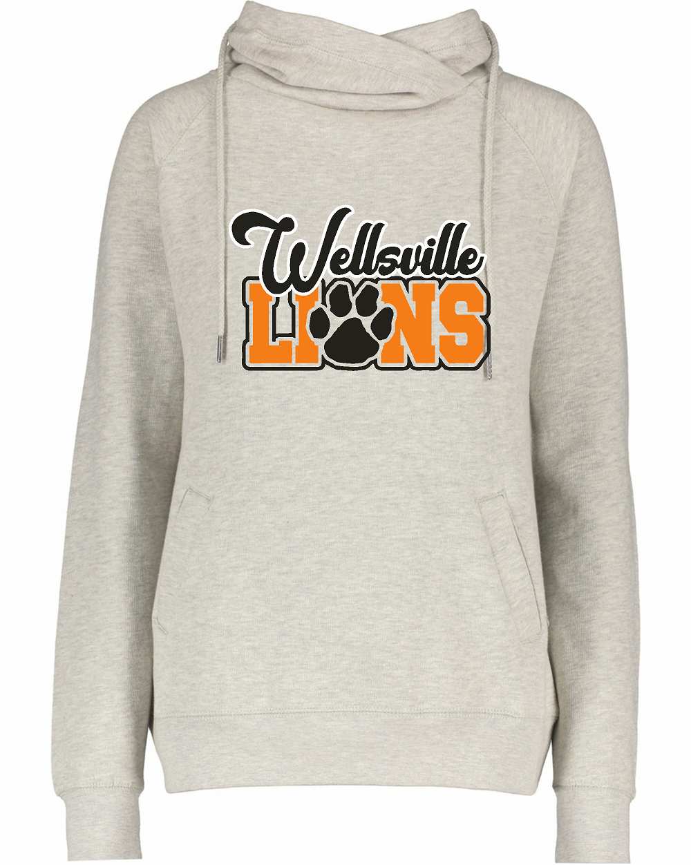 Wellsville Lions Paw Print Enza® 32979 Ladies Oatmeal Funnel Neck Pullover Hood EZ329