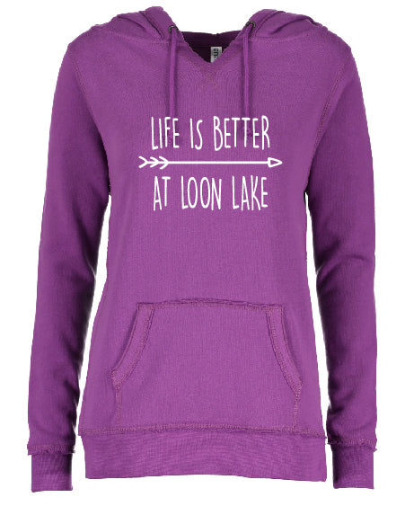 LL "Life is Better at Loon Lake" Enza Ladies V-Notch Fleece Pullover Hood