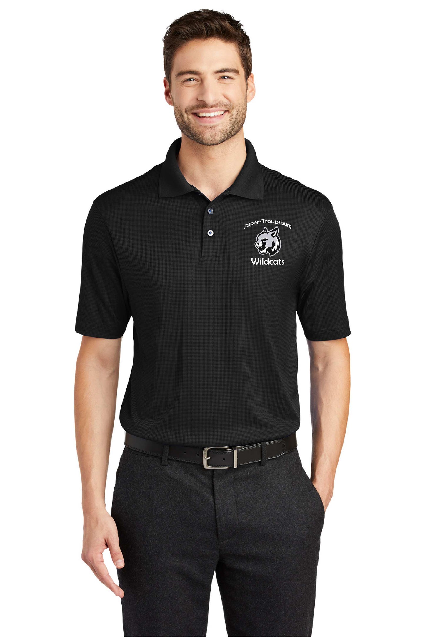 JT Wildcat with writing embroidered K528 Port Authority® Performance Fine Jacquard Polo