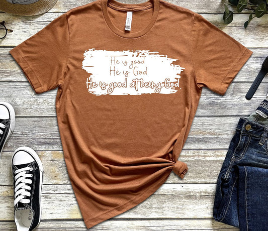 He is Good Autumn Sunset unisex fit Bella Canvas tshirt BC3001